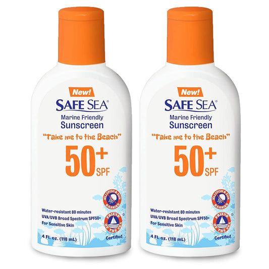 Safe Sea Jellyfish Sting-Blocking Sunscreen, SPF 50+ Lotion 4 oz, Waterproof, Biodegradable, Coral Reef Safe - Body and Face Sunscreen, Anti-Jellyfish and Sea Lice Sting Protection, 4 Fl Oz (Pack of