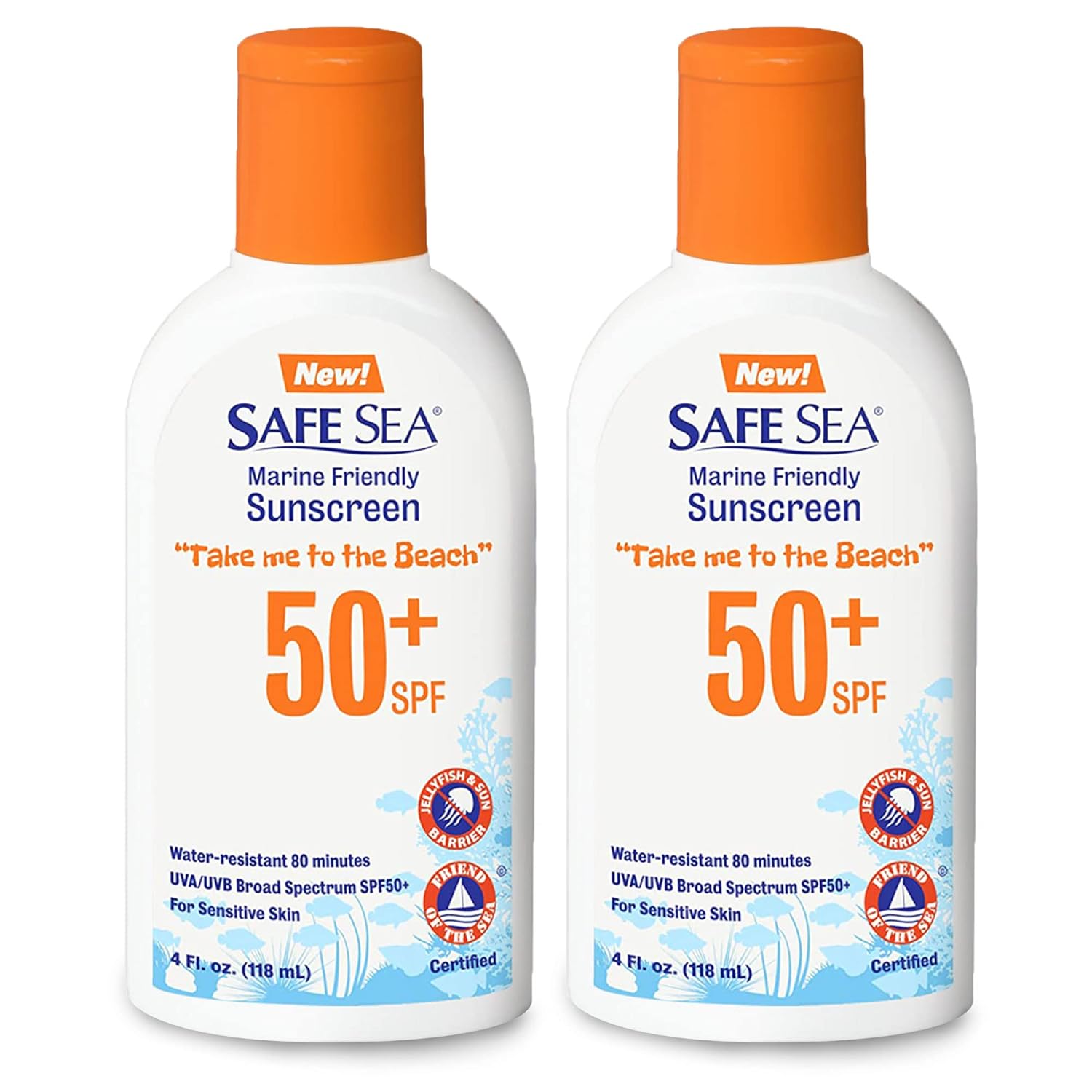 Safe Sea Jellyfish Sting-Blocking Sunscreen, SPF 50+ Lotion 4 oz, Waterproof, Biodegradable, Coral Reef Safe - Body and Face Sunscreen, Anti-Jellyfish and Sea Lice Sting Protection, 4 Fl Oz (Pack of