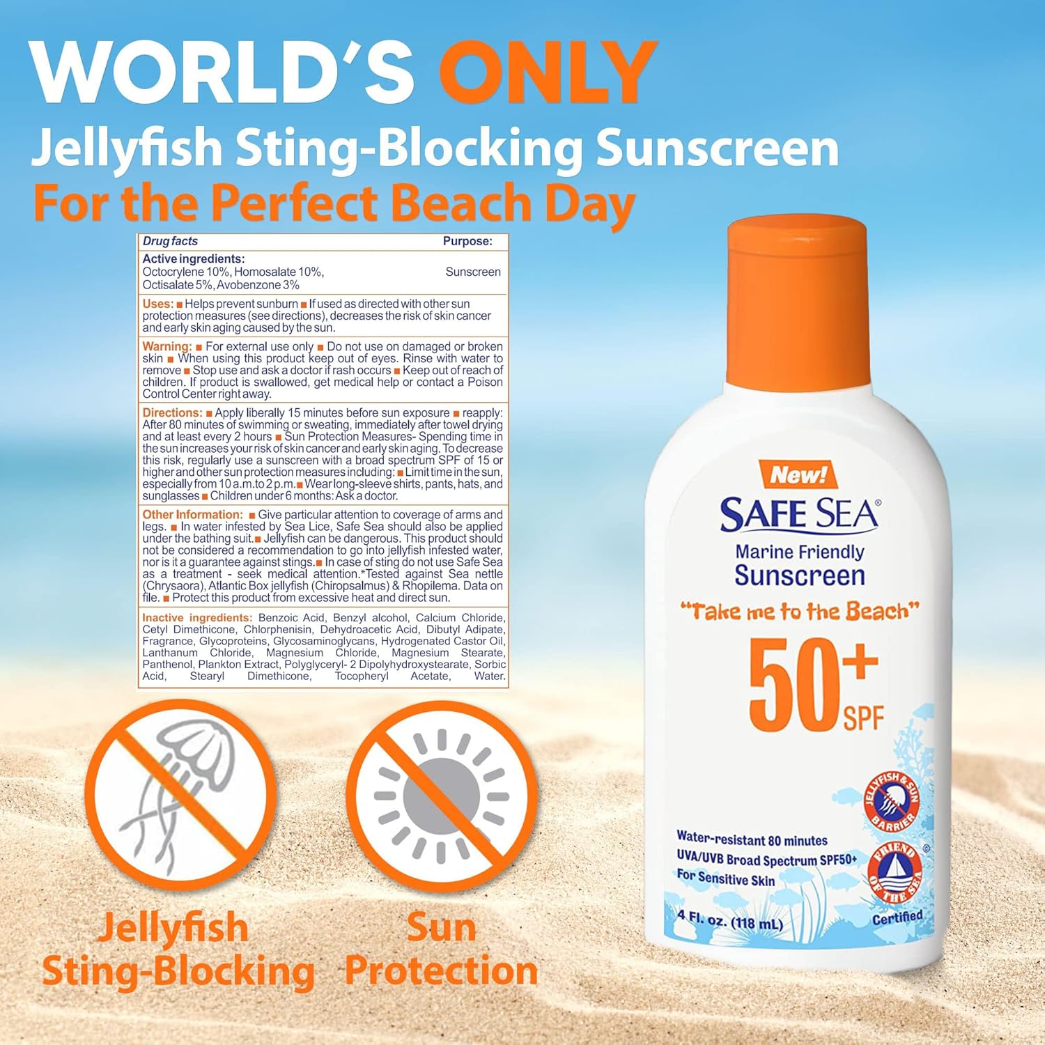 Safe Sea Jellyfish Sting-Blocking Sunscreen, SPF 50+ Lotion 4 oz, Waterproof, Biodegradable, Coral Reef Safe - Body and Face Sunscreen, Anti-Jellyfish and Sea Lice Sting Protection, 4 Fl Oz (Pack of